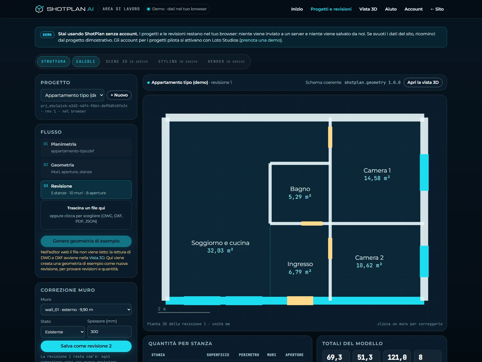 Editor ShotPlan: pianta 2D dell’appartamento dimostrativo con i cinque ambienti, le superfici e le aperture