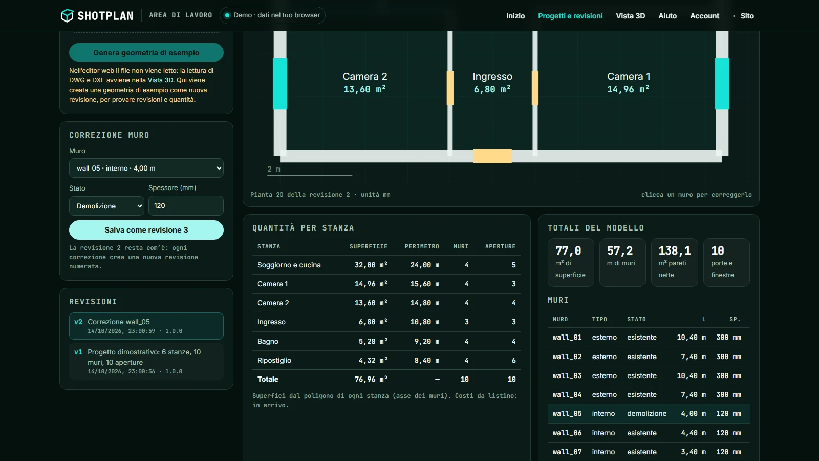 Editor ShotPlan: storia delle revisioni del progetto e correzione di un muro che crea la revisione successiva