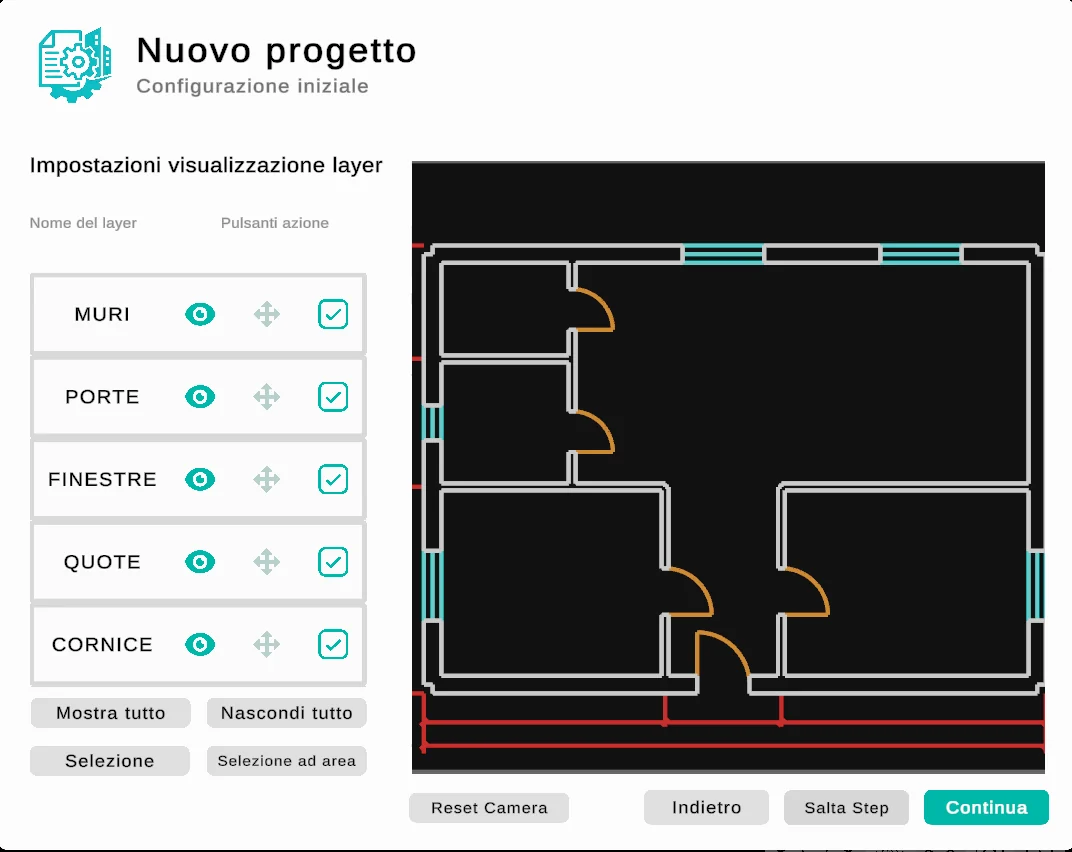 ShotPlan: impostazioni di visualizzazione dei layer del DXF (muri, porte, finestre, quote)