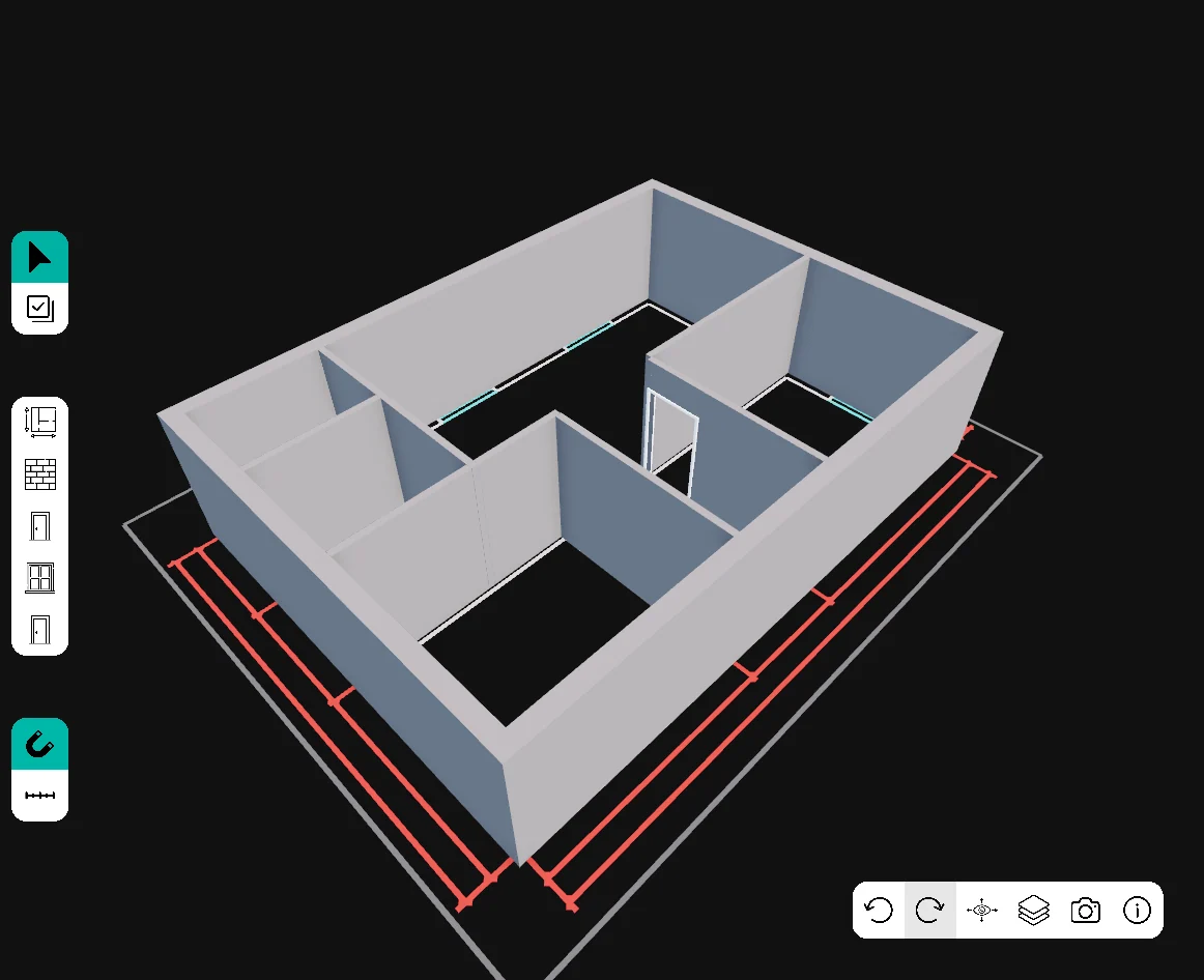Vista 3D di ShotPlan: i muri della pianta di prova in 3D sopra la planimetria