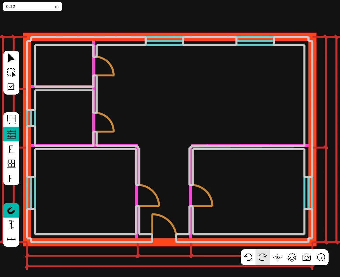 Vista 3D di ShotPlan: muri tracciati sulle linee del DXF con l’aggancio automatico, vista 2D