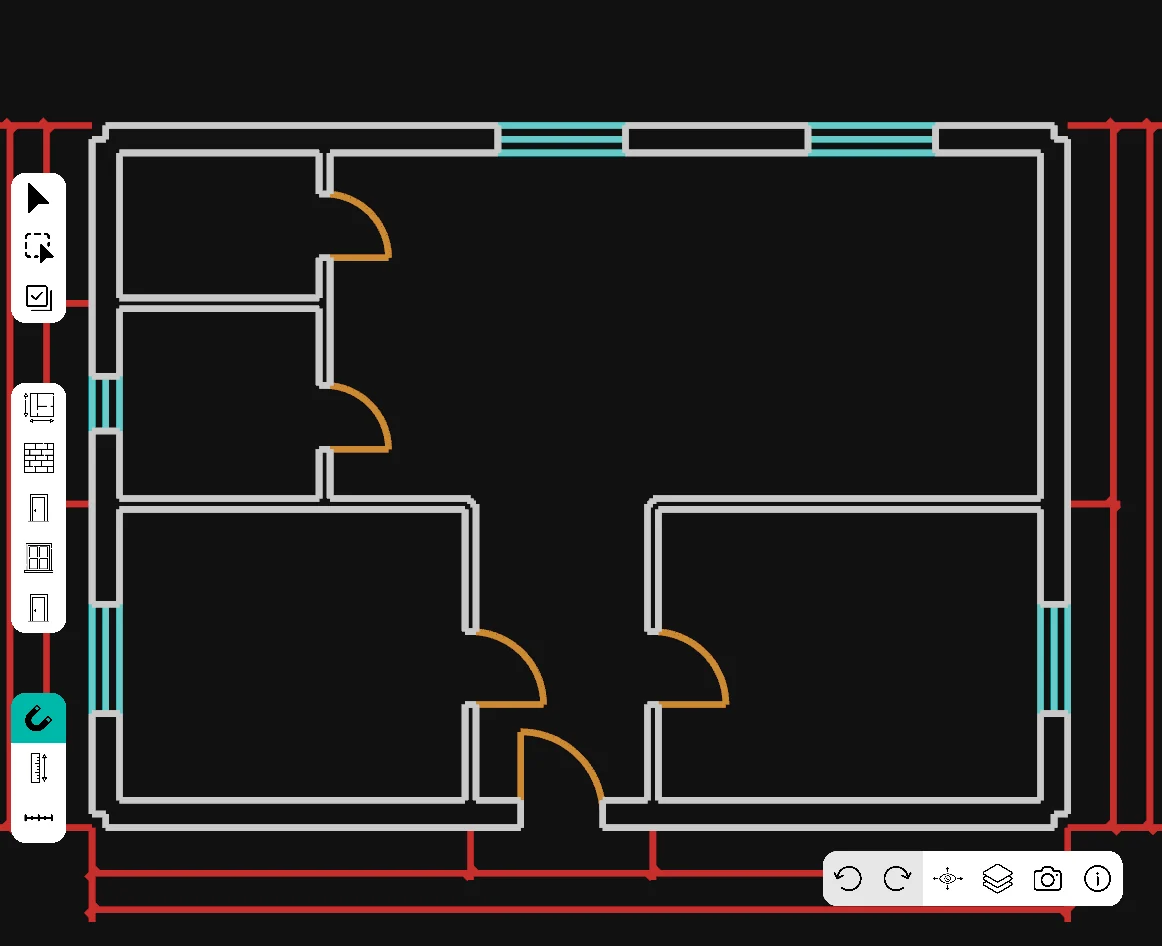 Vista 3D di ShotPlan: una planimetria DXF di prova aperta nel browser, vista 2D con layer muri, porte, finestre e quote