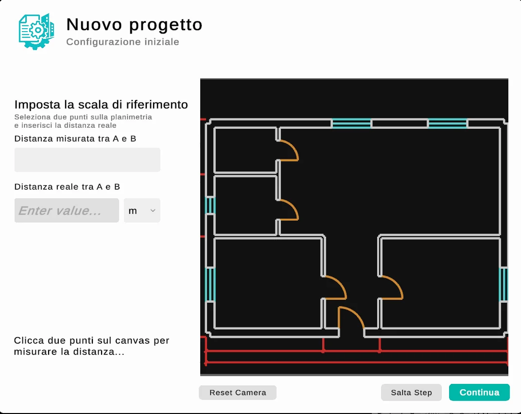 ShotPlan: finestra per impostare la scala di riferimento con due punti e una distanza reale