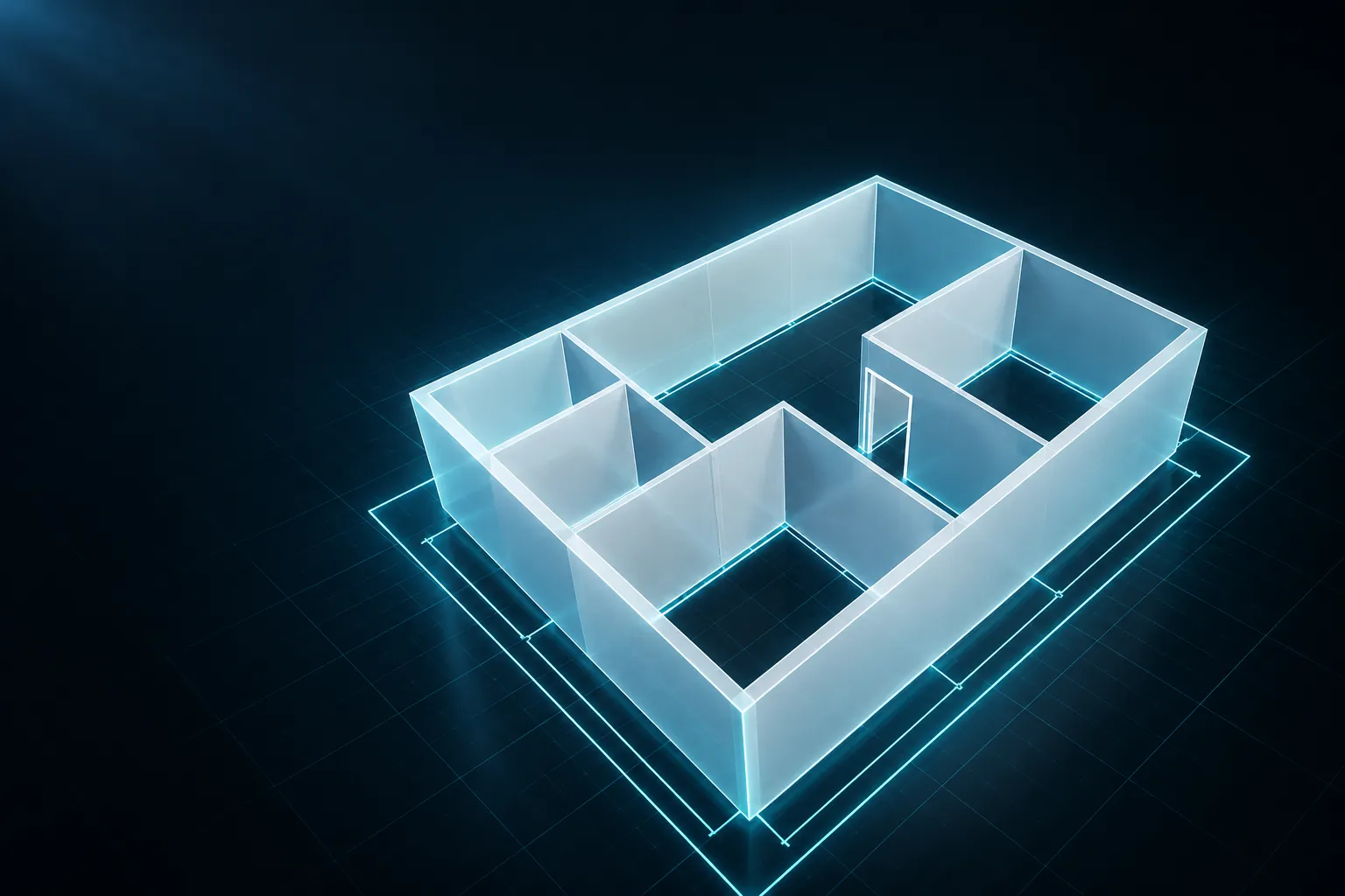 Modello 3D olografico di un appartamento sospeso su una griglia prospettica