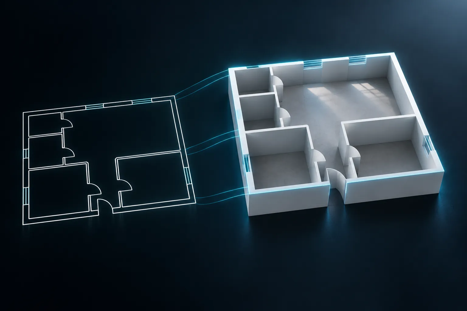 Una pianta CAD in linee bianche che si alza in un modello 3D chiaro con i bordi ciano