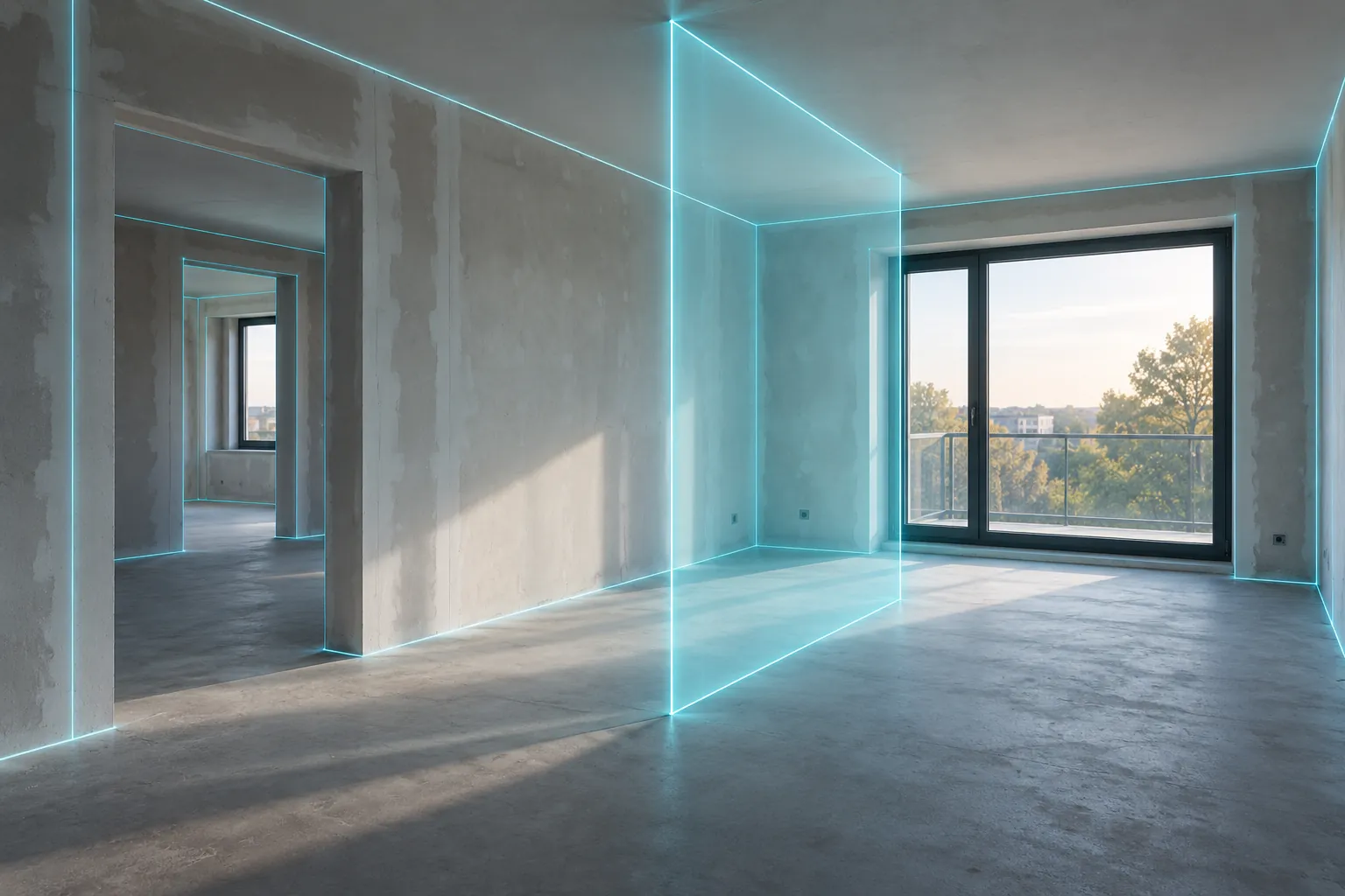 Appartamento in ristrutturazione con linee ciano che tracciano i muri e un nuovo divisorio