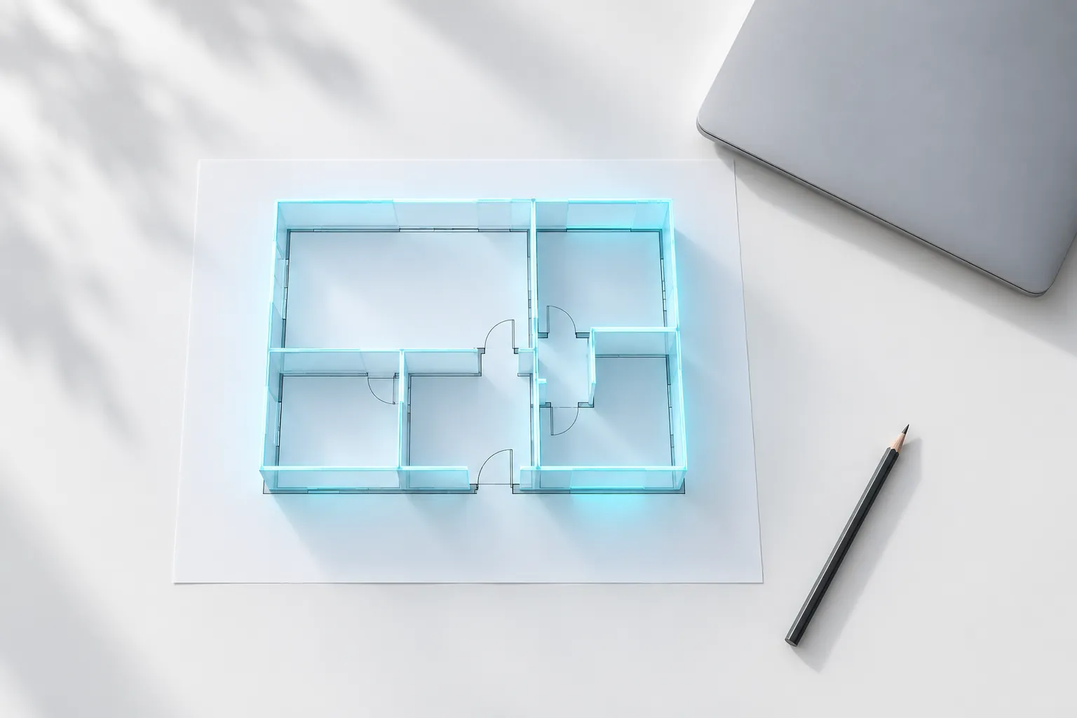 Una pianta stampata su una scrivania bianca con un leggero modello 3D olografico che si alza sopra