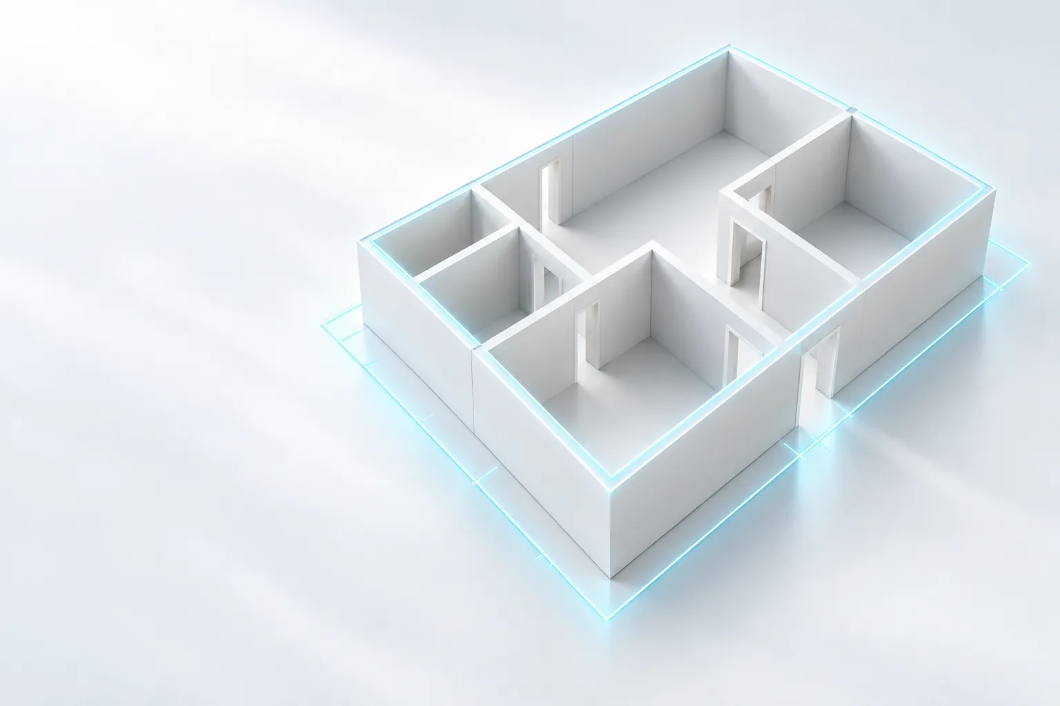 Un modello 3D bianco di un appartamento su fondo chiaro con una sottile luce ciano lungo la base
