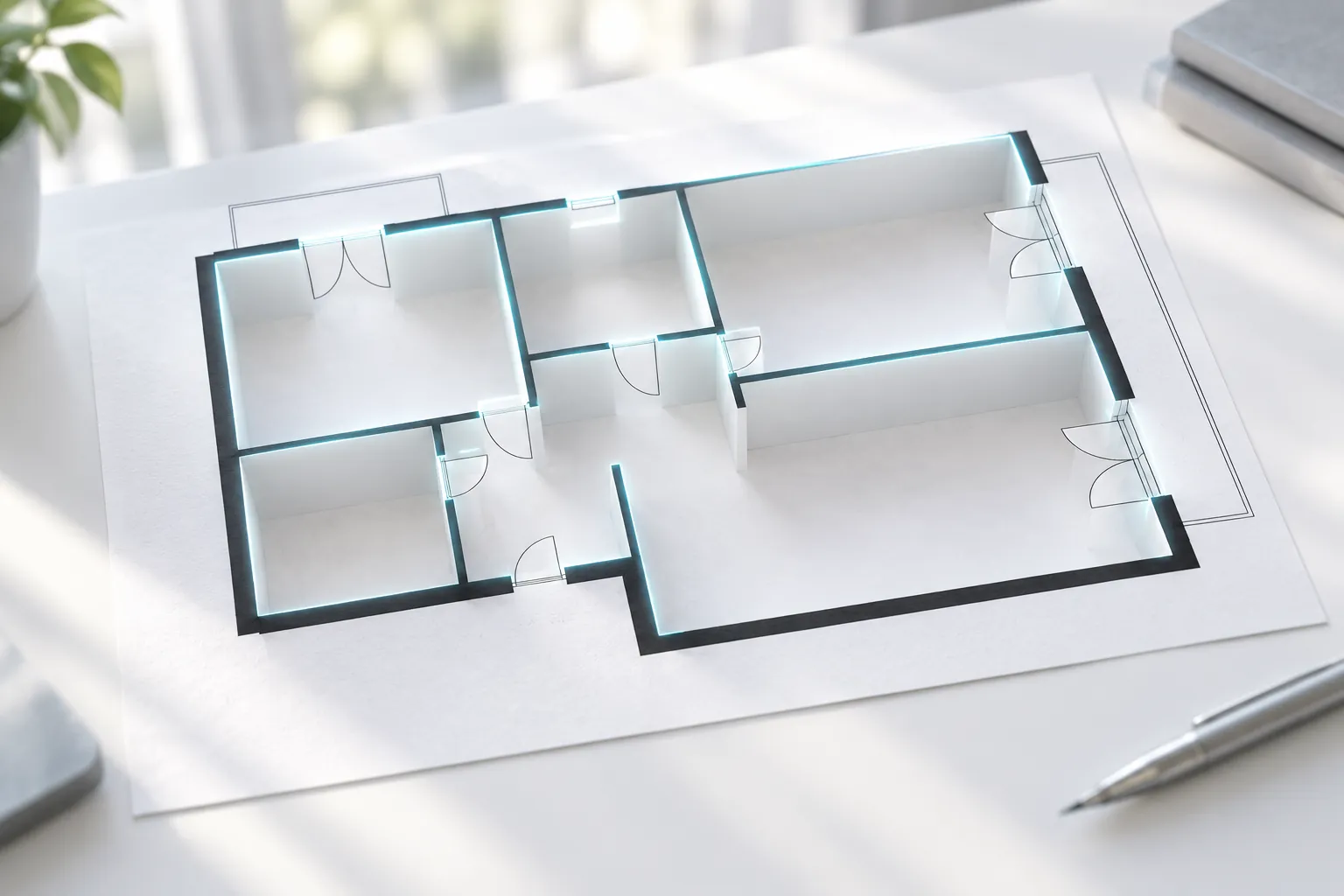 Una planimetria su carta che si solleva in un modello 3D bianco con luce ciano