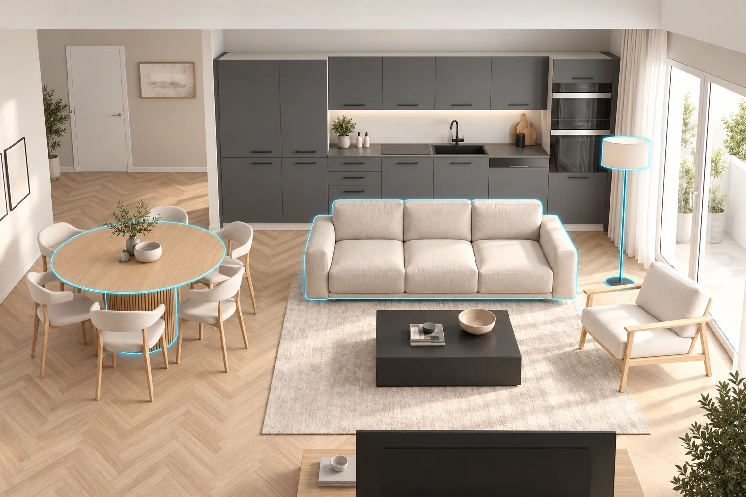 Soggiorno con cucina arredato e fotorealistico, con sottili contorni olografici intorno a divano, tavolo da pranzo e lampada
