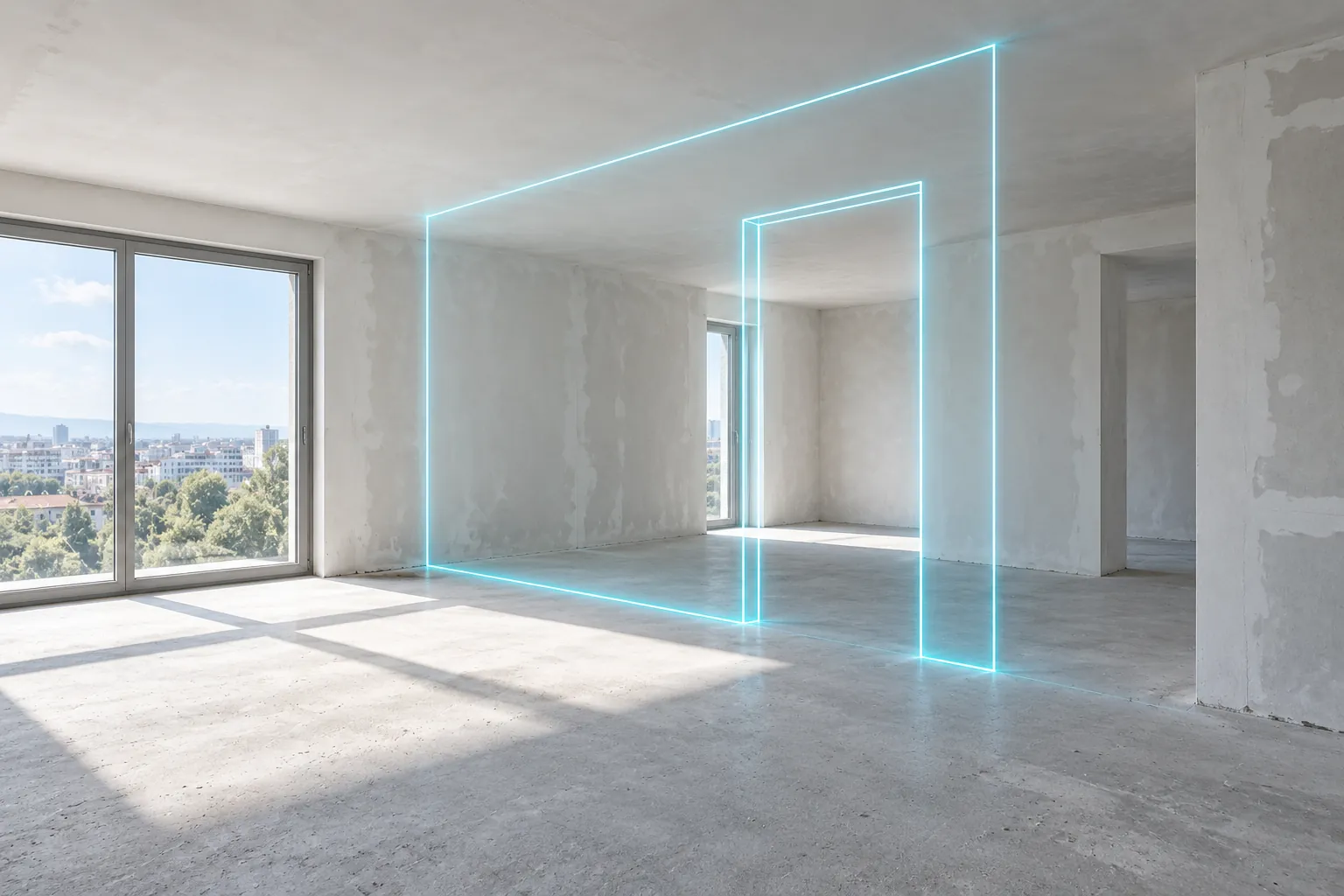 Un appartamento luminoso in ristrutturazione con sottili linee ciano che tracciano i muri