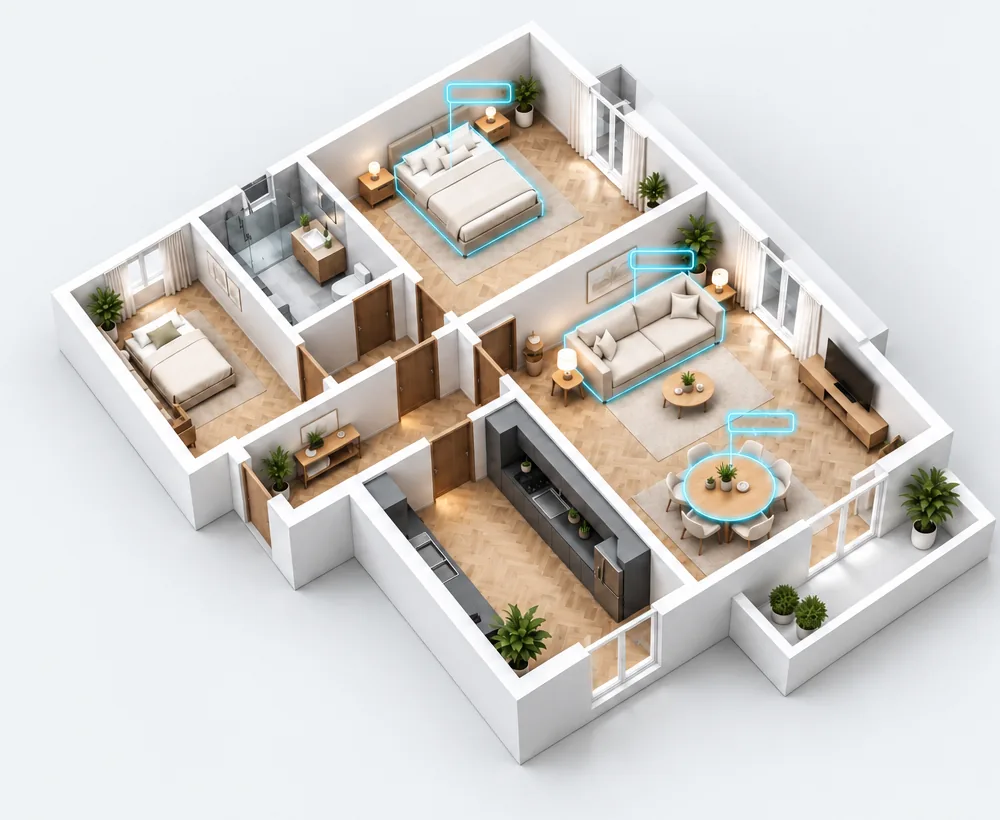 Spaccato 3D arredato di un appartamento con sottili contorni ciano intorno a letto, divano e tavolo da pranzo