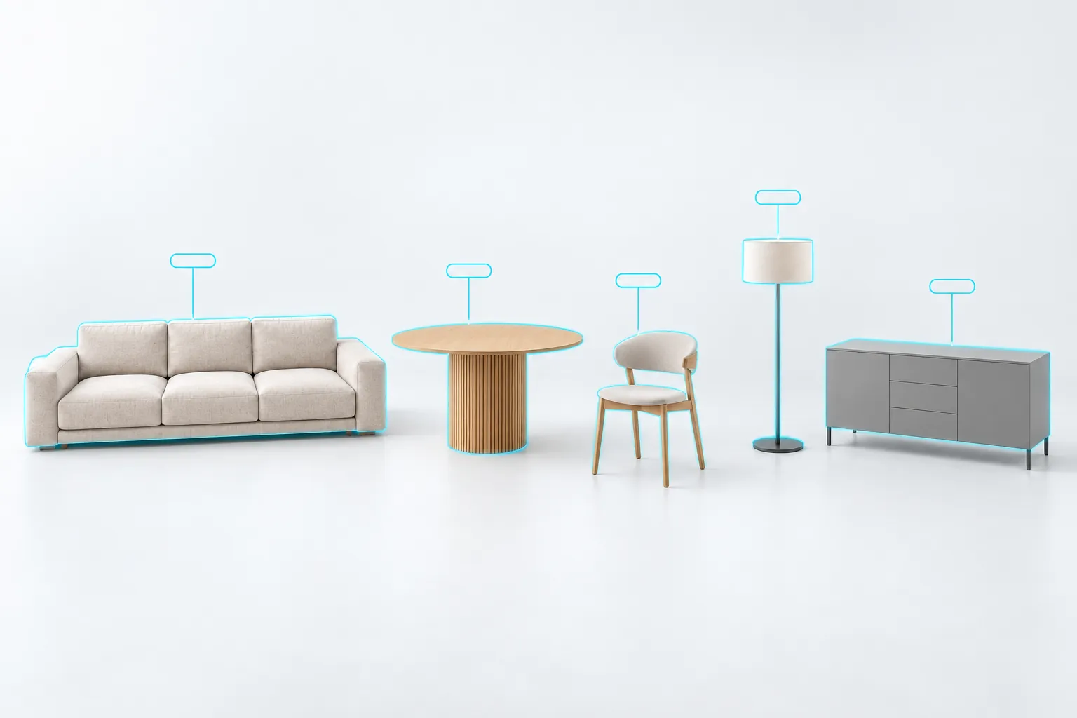 Arredi di un catalogo su fondo bianco, ognuno con un sottile contorno ciano e un’etichetta vuota