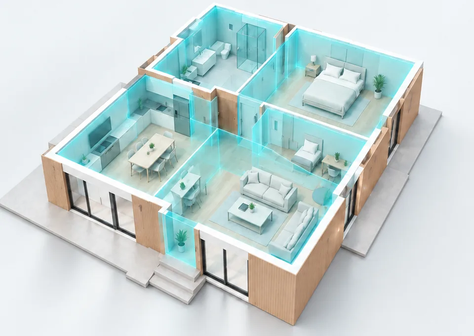 Spaccato 3D di un appartamento con le stanze in vetro chiaro e sottili bordi ciano