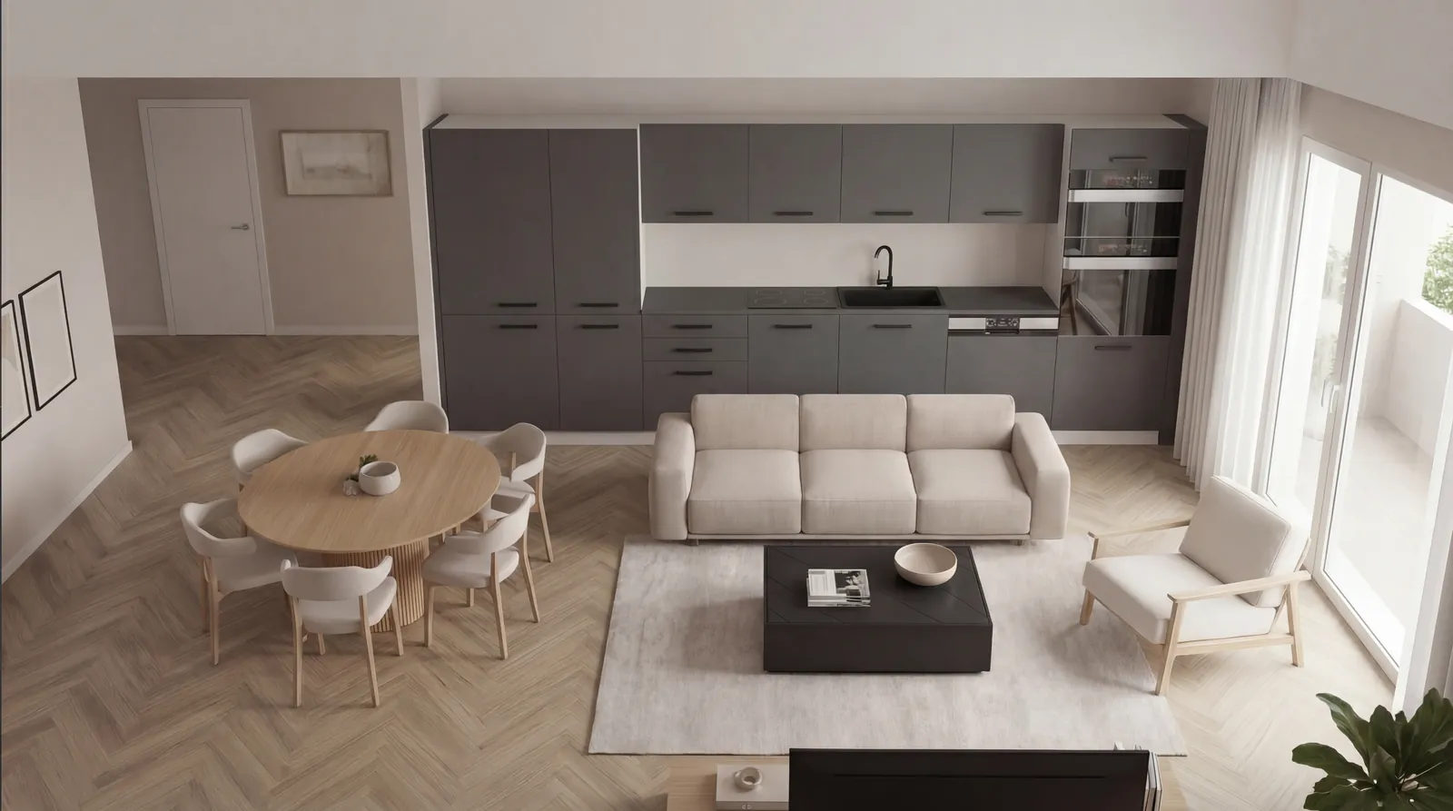 Render fotorealistico di un soggiorno con cucina arredato, visto dall’alto